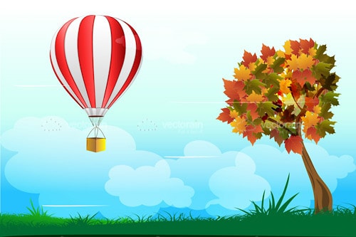 Outdoor Scene with Tree and Hot Air Balloon